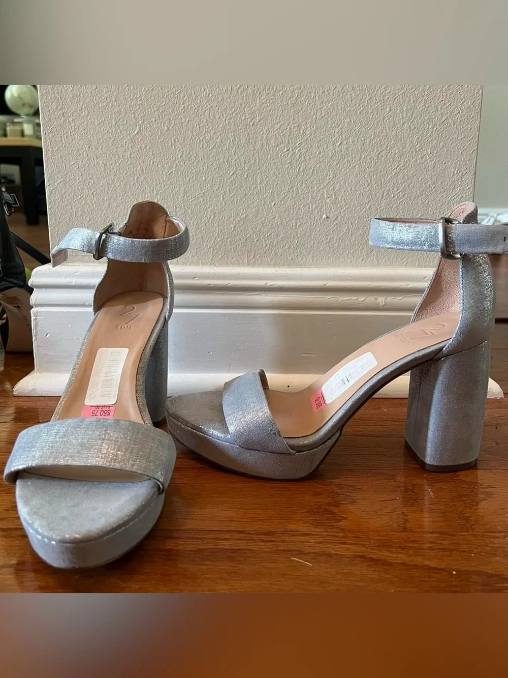27 EDIT Metallic Silver Platform Block Heel Sandals with Ankle Strap